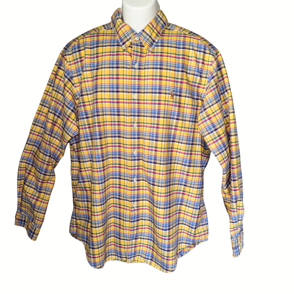 Polo Ralph Lauren Button Down Shirt Mens XL Yellow Plaid Classic Fit Long Sleeve